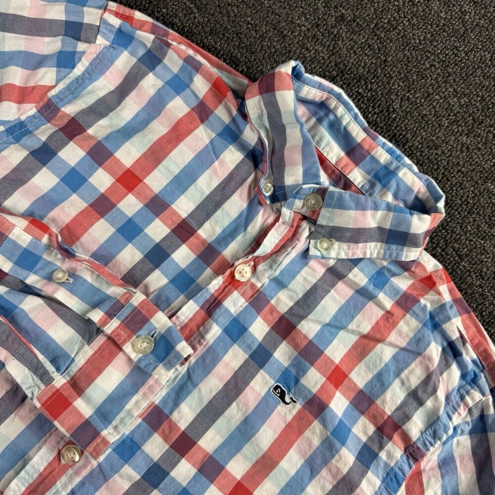 Vineyard Vines Boys M Red White Blue Plaid Button Down Whale Shirt 100% Cotton